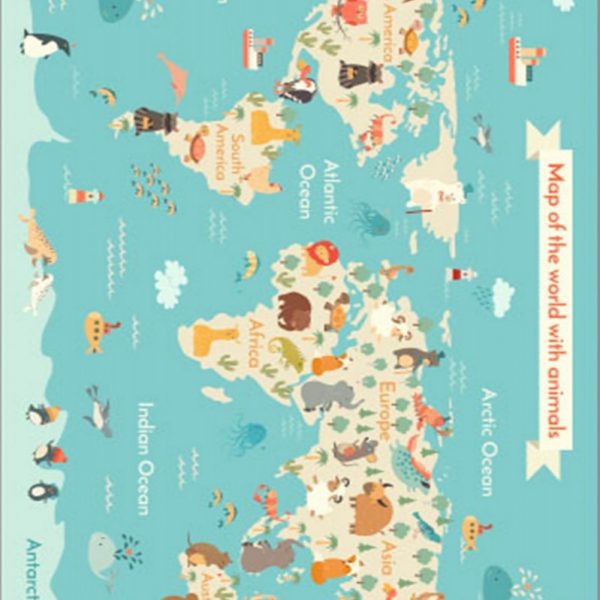 Detský koberček Mapa zvieracieho sveta 100x150 cm modrý