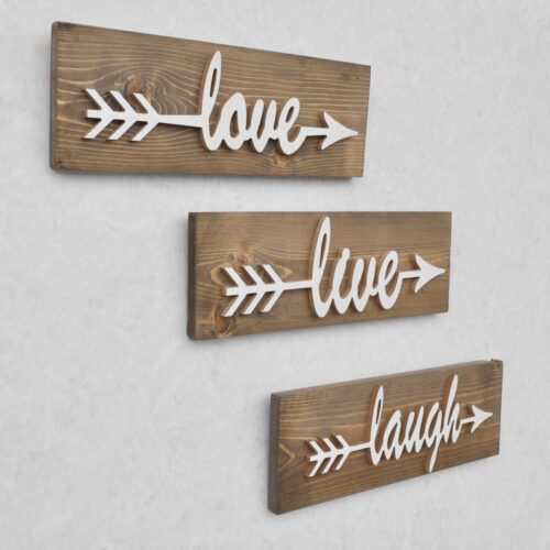 Nástenná drevená dekorácia LOVE LIVE LAUGH hnedá/biela Nástenná drevená dekorácia LOVE LIVE LAUGH hnedá/biela