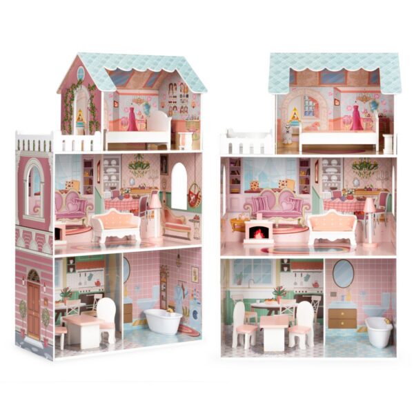 Drevený domček pre bábiky ECOTOYS: BARBIE s nábytkom ružový