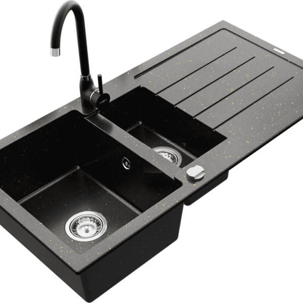Granitový drez s kuchynskou batériou MEXEN ANDRES čierno-zlatý