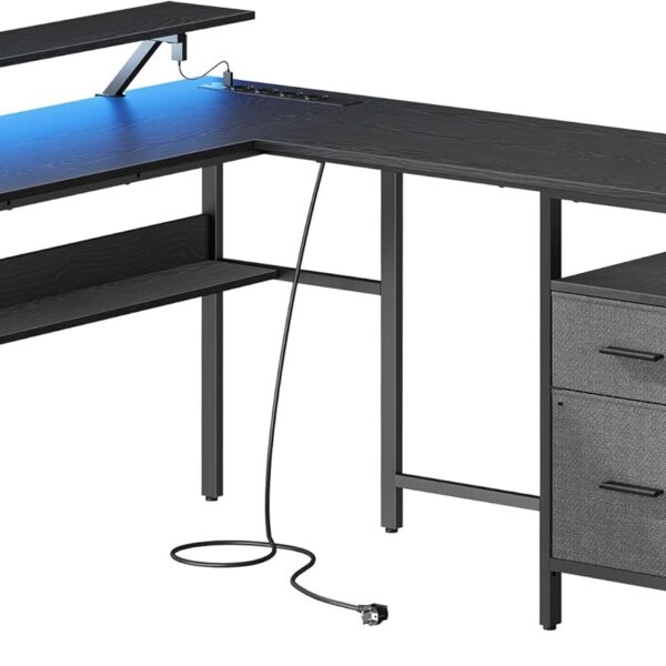 Rohový písací stôl so zásuvkami a LED Vasagle Bora čierny