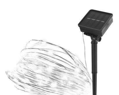 Vianočná strieborná LED reťaz NANO 12 m s časovačom a solárnym panelom studená biela