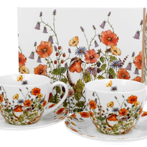 Porcelánová sada 2 ks šálků s podšálkem Wild Birds 2x280 ml se sítkem bílá/vícebarevná