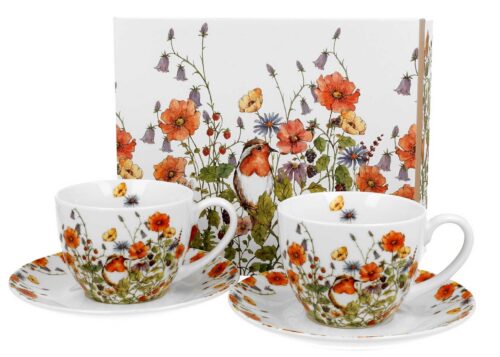Porcelánová sada 2 ks šálků s podšálkem Wild Birds 2x280 ml se sítkem bílá/vícebarevná Porcelánová sada 2 ks šálků s podšálkem Wild Birds 2x280 ml se sítkem bílá/vícebarevná