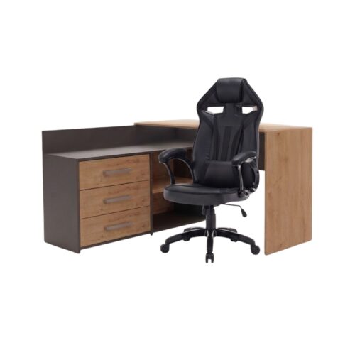 Rohový psací stůl Dany dub Artisan/antracit s herním křeslem Drift černým Rohový psací stůl Dany dub Artisan/antracit s herním křeslem Drift černým