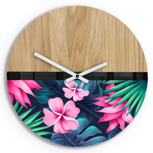 Drevené nástenné hodiny Flower 33 cm dub prírodný/ružové