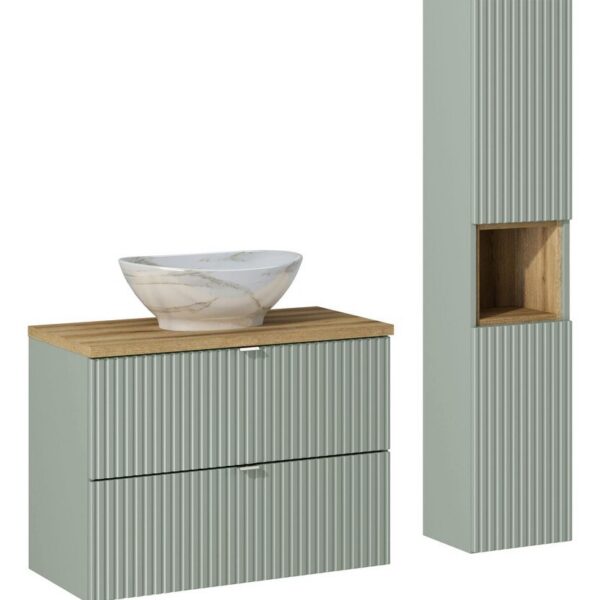 Kúpeľňová zostava Line Reed Green 80 cm so skrinkami a umývadlom zelená/dub evoke