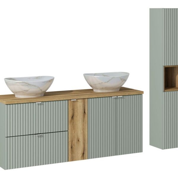 Kúpeľňová zostava Line Reed Green Pati so skrinkami a umývadlami 140 cm zelená/dub evoke