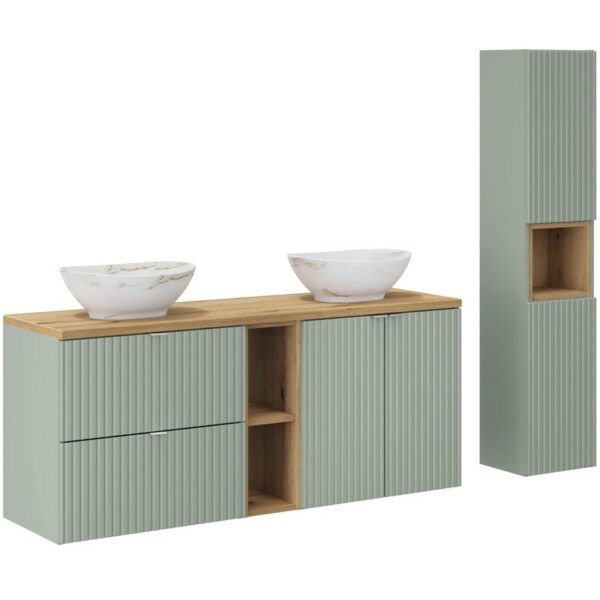 Kúpeľňová zostava Line Reed Green so skrinkami a umývadlami 140 cm zelená/dub evoke