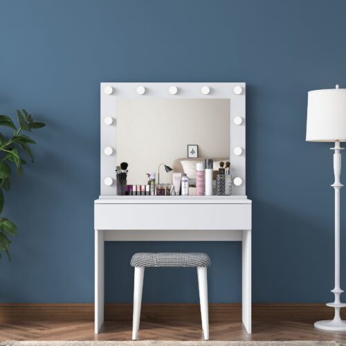 Minimalistický toaletný stolík Alisson III s LED zrkadlom a taburetom biely Minimalistický toaletný stolík Alisson III s LED zrkadlom a taburetom biely