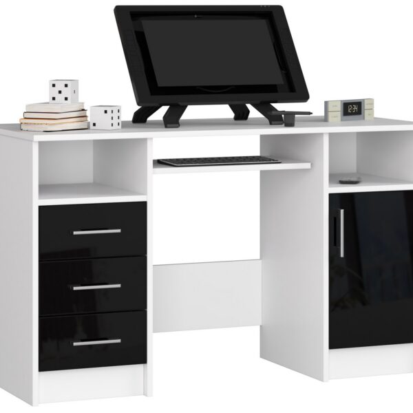 Volně stojící psací stůl Ana 124 cm bílý/černý lesk
