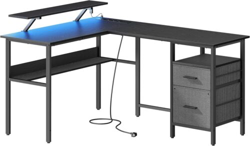 Rohový písací stôl so zásuvkami a LED Vasagle Bora čierny Rohový písací stôl so zásuvkami a LED Vasagle Bora čierny