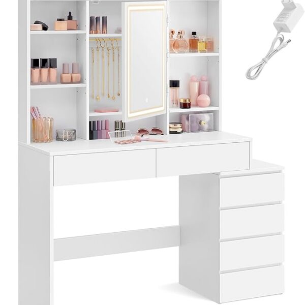 Toaletní stolek Vasagle Ginny 117 cm s LED osvětlením bílý